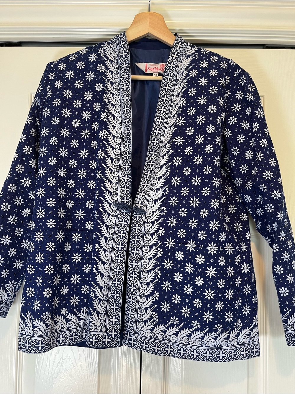Vintage Sida Mukti Blue White Batik Jacket XL | Cotton Artisan Block Print Boho